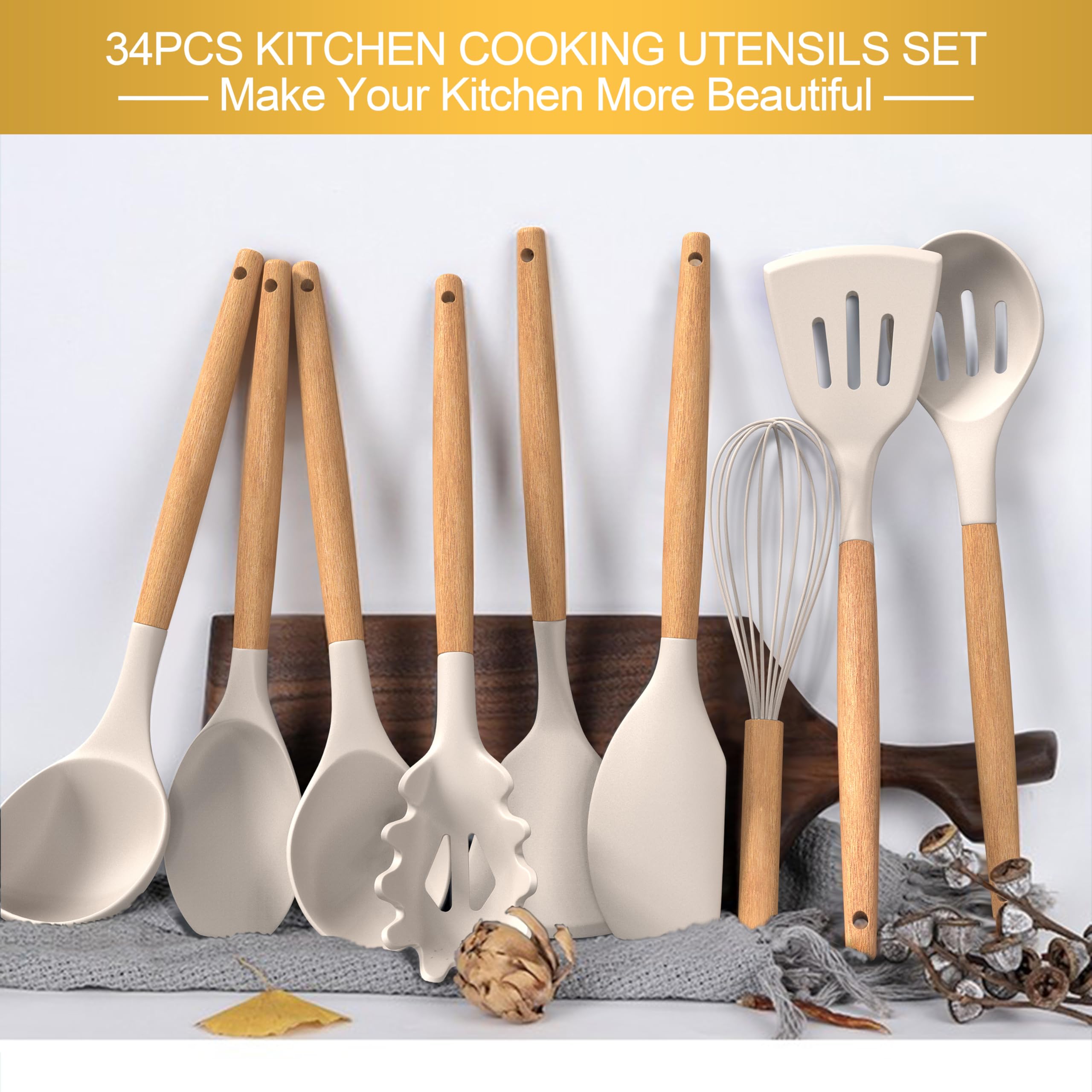 Juego de utensilios de cocina de silicona, 43 piezas antiadherentes resistentes al calor, juego de espátulas con mango de madera para hornear, cocinar y mezclar, las mejores herramientas de cocina con