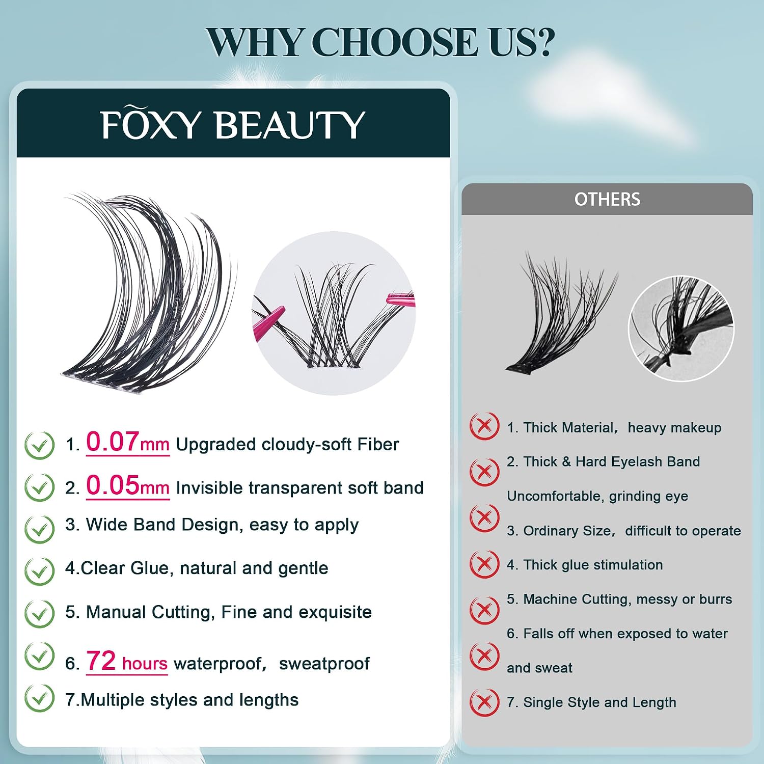 Foxy Beauty - Racimos de pestañas naturales – racimos de pestañas finas y esponjosas, extensiones de pestañas anchas con pestañas inferiores de bonificación