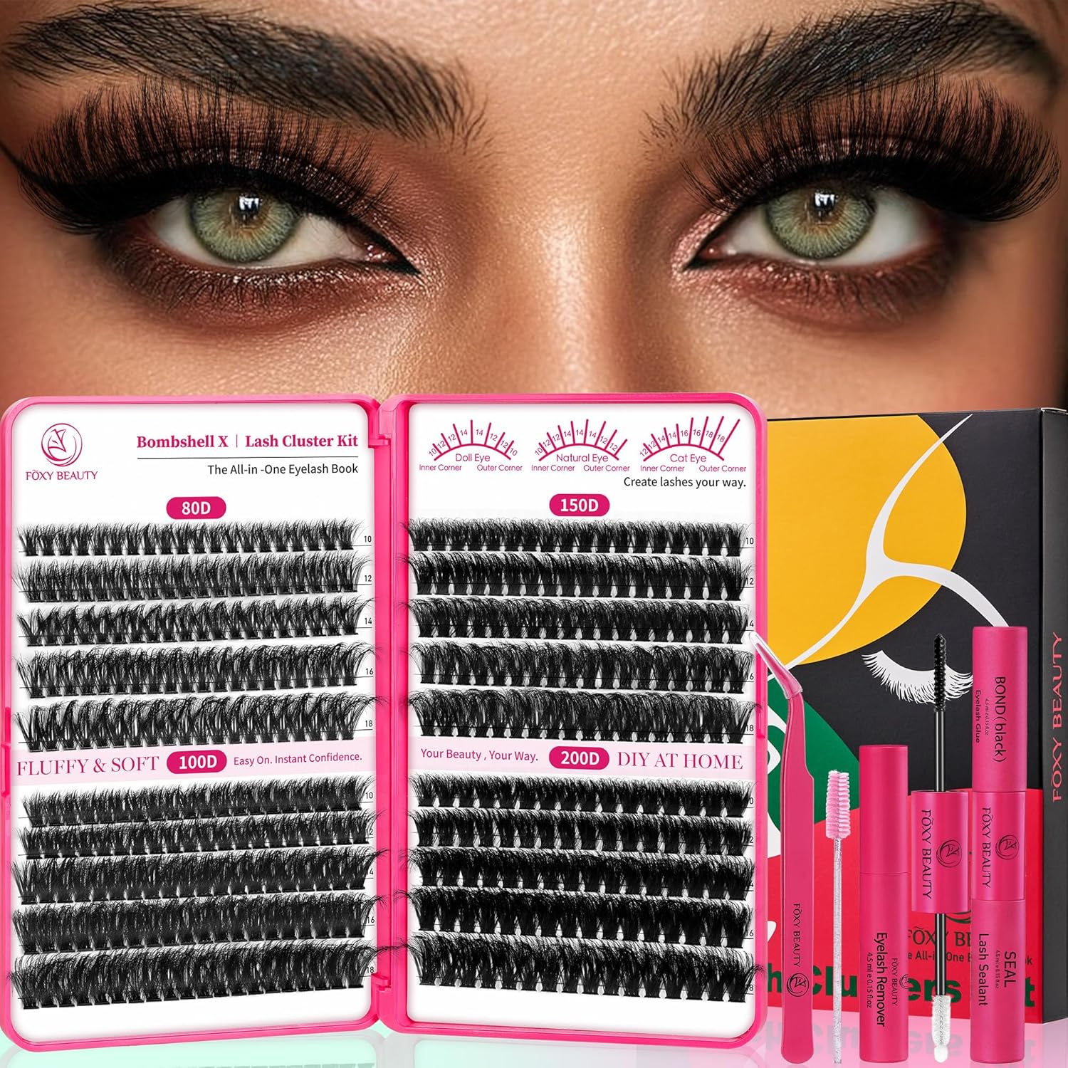 Foxy Beauty - Racimos de pestañas naturales – racimos de pestañas finas y esponjosas, extensiones de pestañas anchas con pestañas inferiores de bonificación