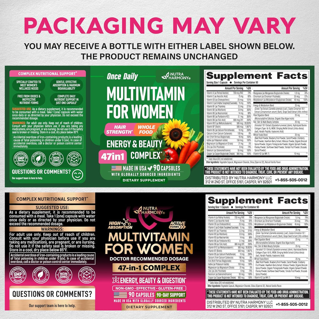 Multivitamínico para mujer - Complejo B | Alimentos integrales | Apoyo al crecimiento del cabello | Digestión y metabolismo | Hierro - Multivitamínico 47 en 1 para mujer - Biodisponible y suave para | Womens Multivitamin - Whole Foods | Hair Growth Suppor