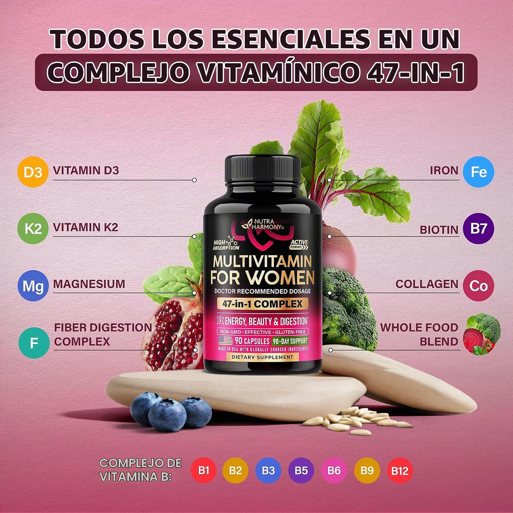 Multivitamínico para mujer - Complejo B | Alimentos integrales | Apoyo al crecimiento del cabello | Digestión y metabolismo | Hierro - Multivitamínico 47 en 1 para mujer - Biodisponible y suave para | Womens Multivitamin - Whole Foods | Hair Growth Suppor