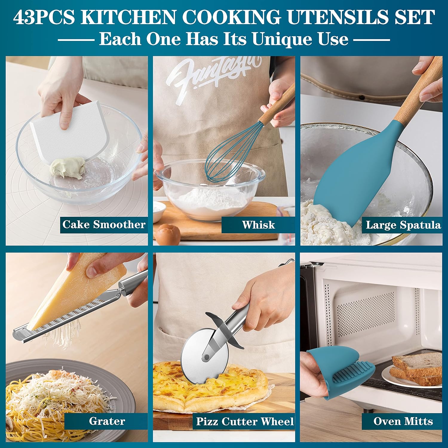 Juego de utensilios de cocina de silicona, 43 piezas antiadherentes resistentes al calor, juego de espátulas con mango de madera para hornear, cocinar y mezclar, las mejores herramientas de cocina con