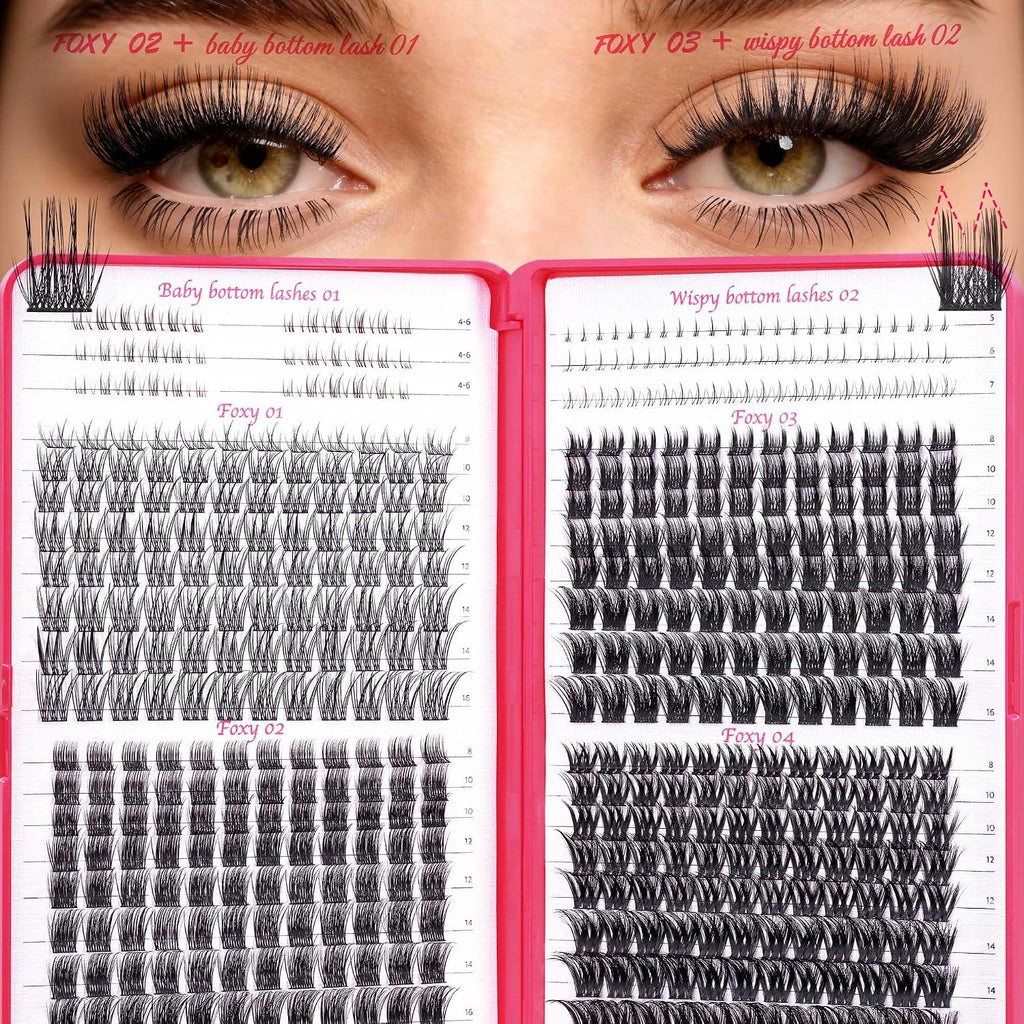 Foxy Beauty - Racimos de pestañas naturales – racimos de pestañas finas y esponjosas, extensiones de pestañas anchas con pestañas inferiores de bonificación
