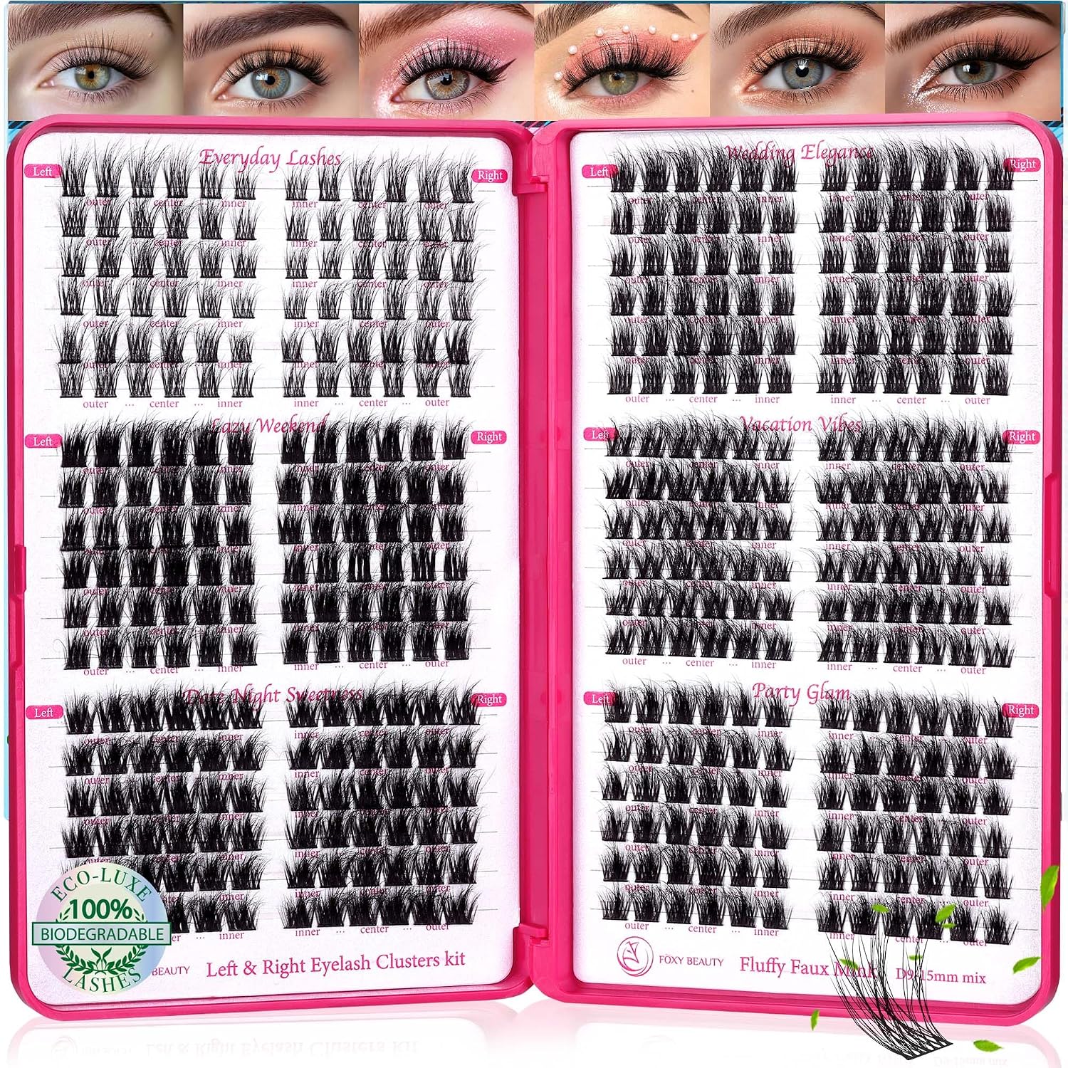 Foxy Beauty - Racimos de pestañas naturales – racimos de pestañas finas y esponjosas, extensiones de pestañas anchas con pestañas inferiores de bonificación