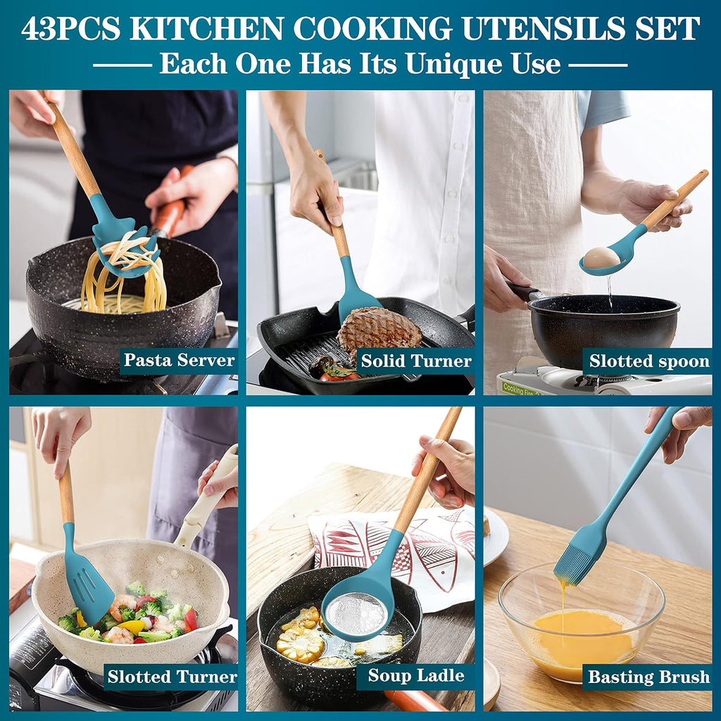 Juego de utensilios de cocina de silicona, 43 piezas antiadherentes resistentes al calor, juego de espátulas con mango de madera para hornear, cocinar y mezclar, las mejores herramientas de cocina con