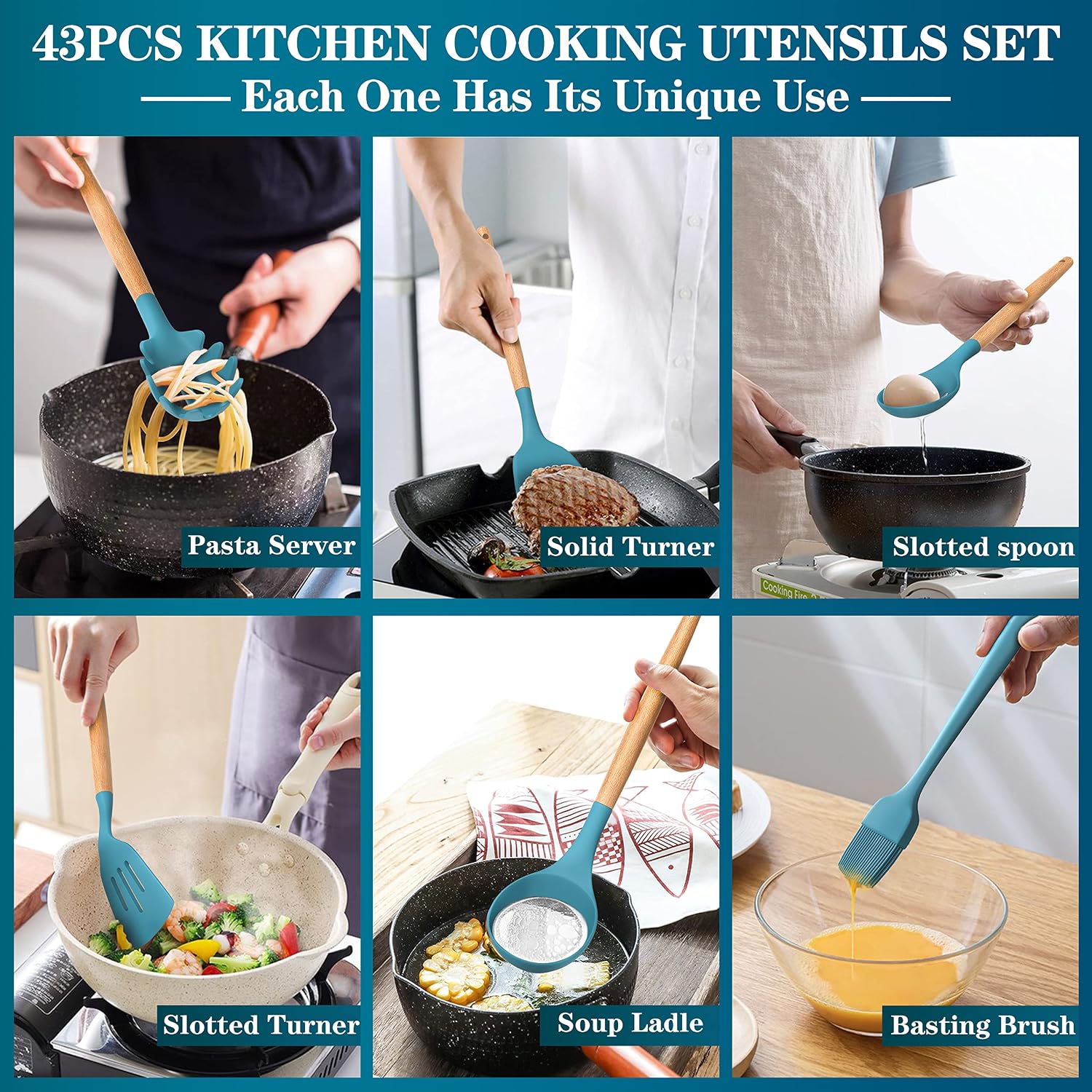 Juego de utensilios de cocina de silicona, 43 piezas antiadherentes resistentes al calor, juego de espátulas con mango de madera para hornear, cocinar y mezclar, las mejores herramientas de cocina con
