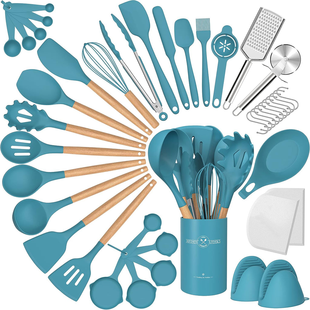Juego de utensilios de cocina de silicona, 43 piezas antiadherentes resistentes al calor, juego de espátulas con mango de madera para hornear, cocinar y mezclar, las mejores herramientas de cocina con