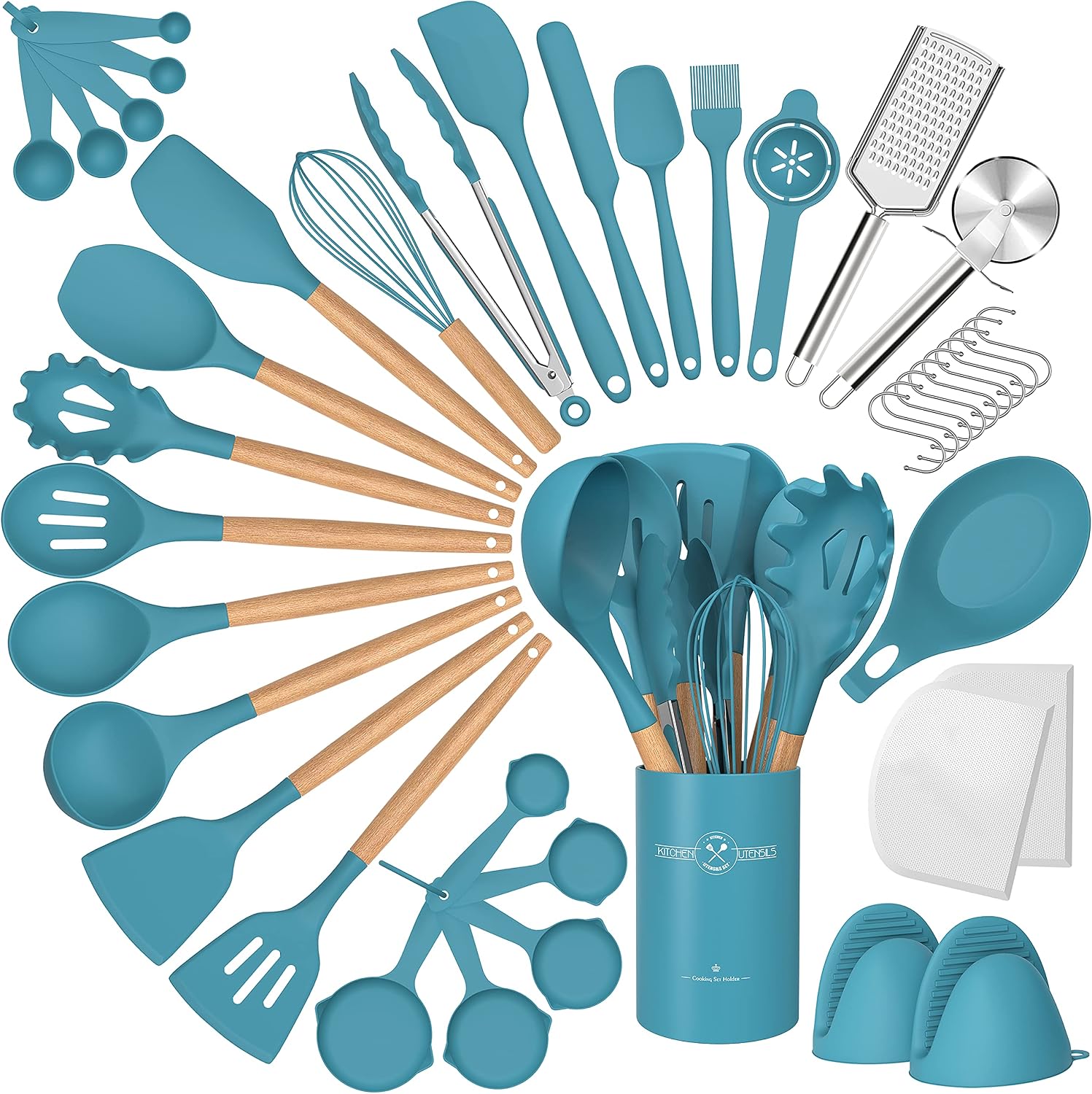 Juego de utensilios de cocina de silicona, 43 piezas antiadherentes resistentes al calor, juego de espátulas con mango de madera para hornear, cocinar y mezclar, las mejores herramientas de cocina con